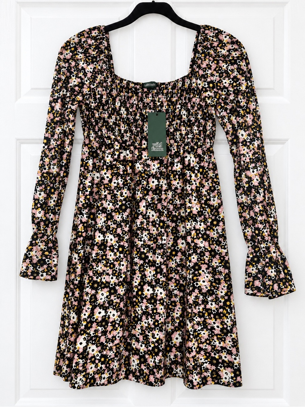 NWTs Wild Fable Floral Smocked Long Sleeve Mini Dress - Black & Pink
